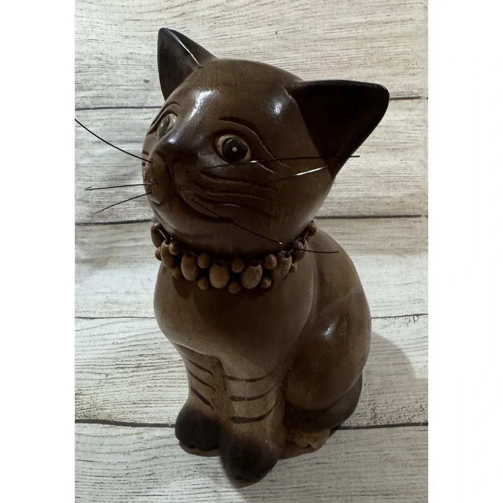 Hand Carved Wooden Kitty Cat Statue Figurine with Beaded Necklace Thailand TubG